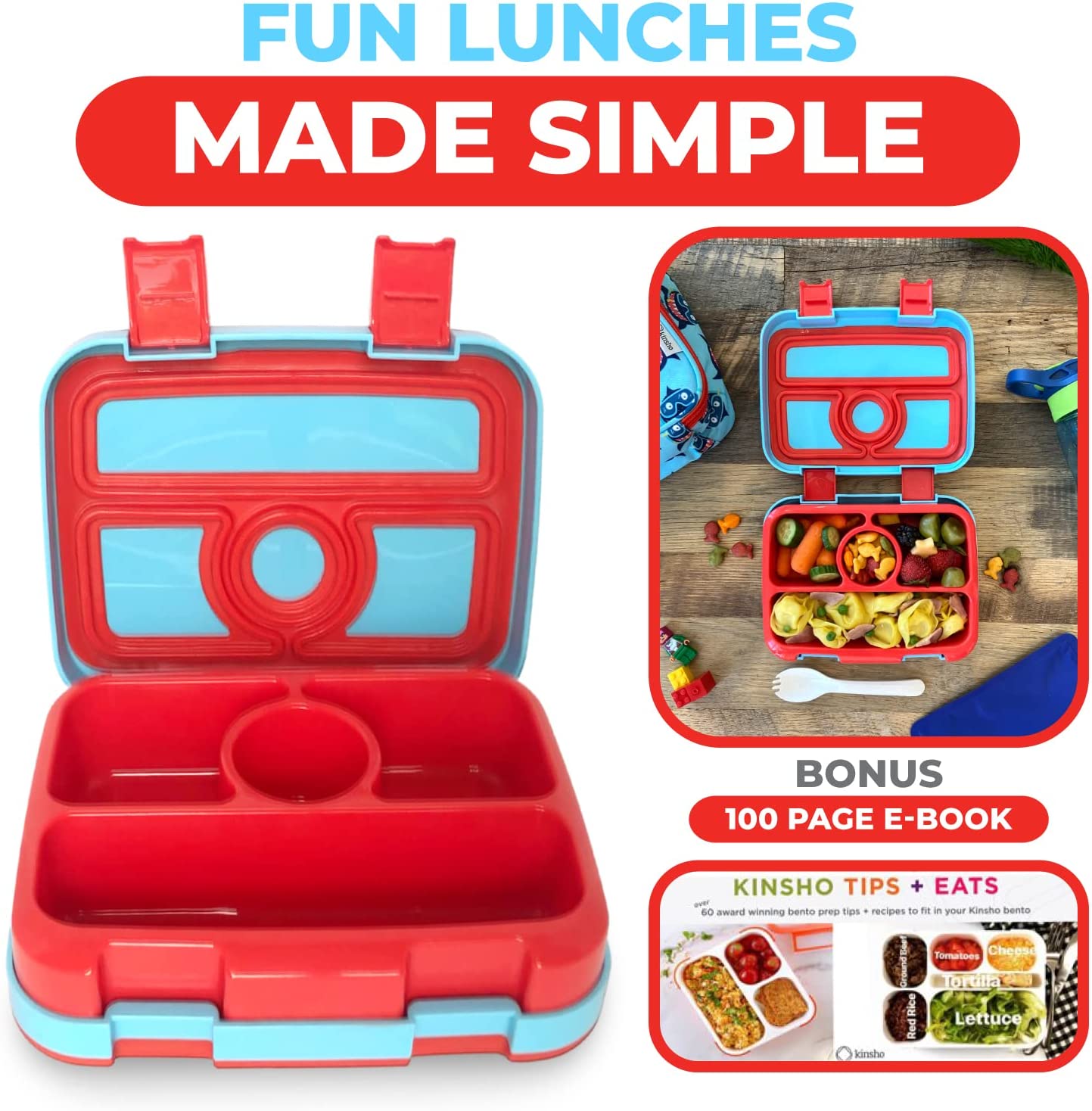 LONCHERA BENTO PARA NIÑOS PEQUEÑOS, TAPA SEGURA DE 4 PORCIONES - 6
