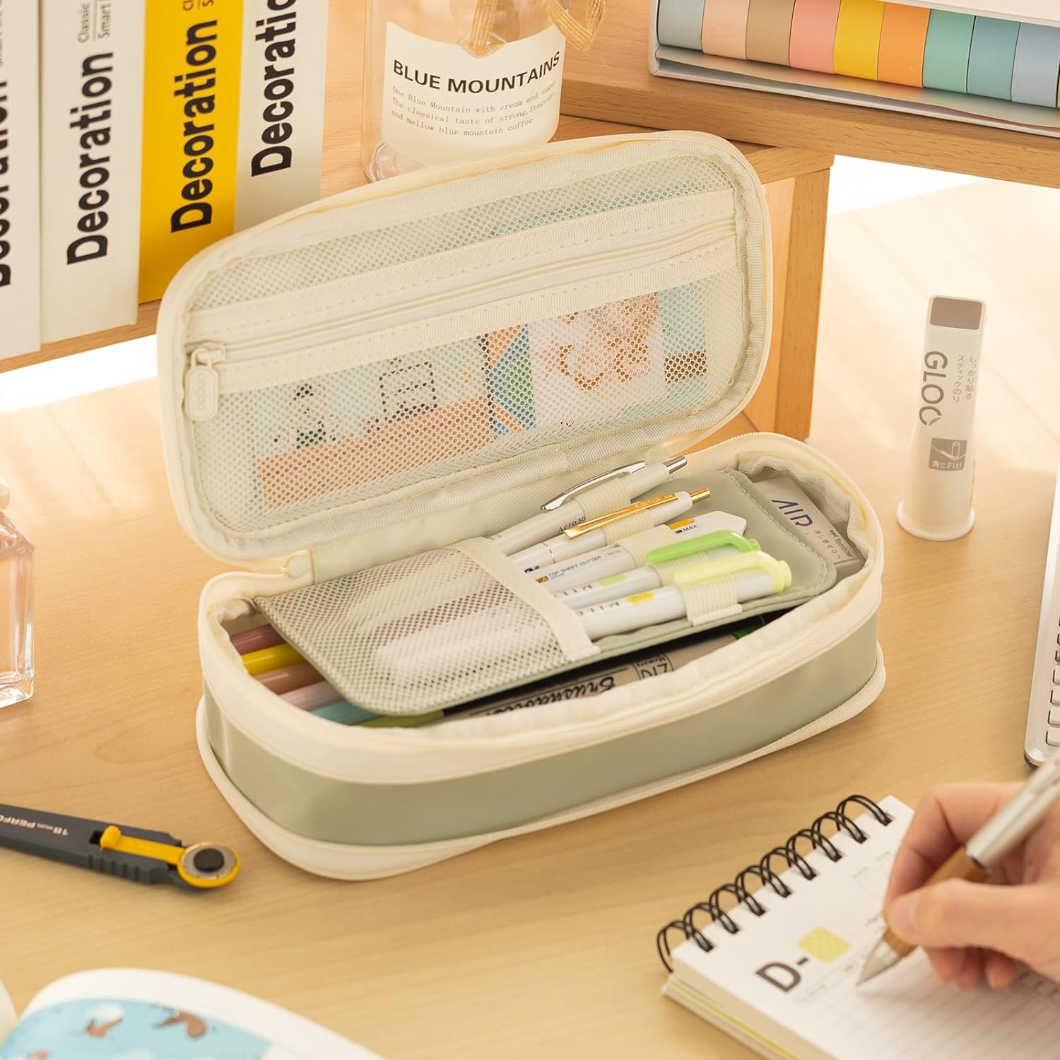 EASTHILL ESTUCHE PARA LÁPICES DE GRAN CAPACIDAD,BOLSA GRANDE PARA LÁPICES DE PAPELERÍA Y BOLÍGRAFOS PARA NIÑAS ADOLESCENTES-BEIGE - 3