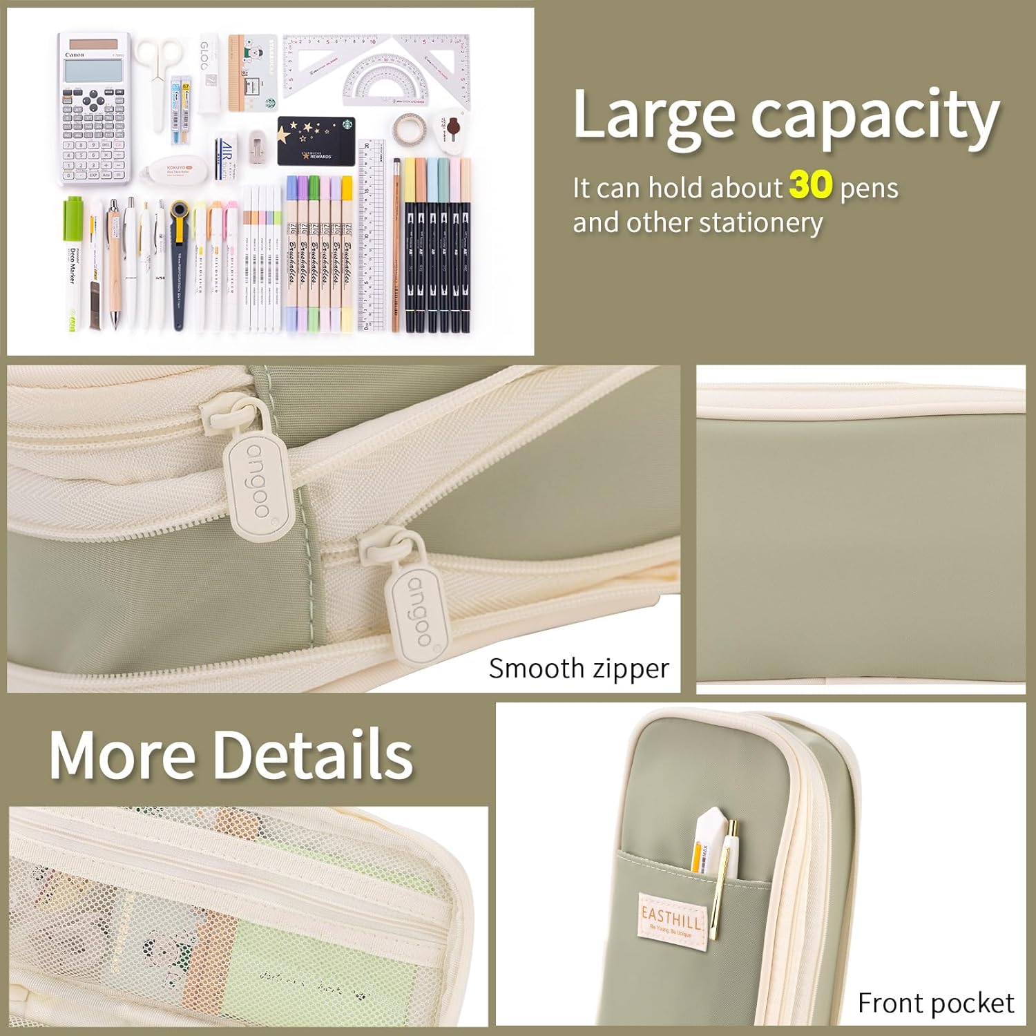 EASTHILL ESTUCHE PARA LÁPICES DE GRAN CAPACIDAD,BOLSA GRANDE PARA LÁPICES DE PAPELERÍA Y BOLÍGRAFOS PARA NIÑAS ADOLESCENTES-BEIGE - 6