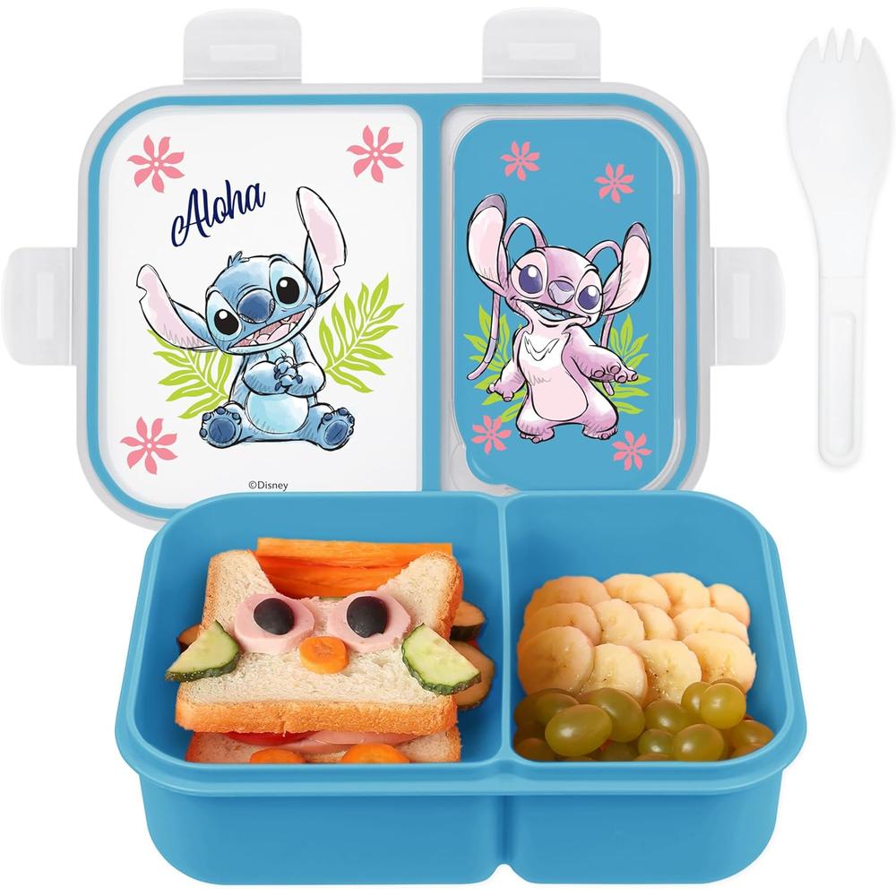 LILO Y STITCH | CAJA DE BENTO CON COMPARTIMENTOS DIVIDIDOS Y TENEDOR DE DISNEY | STITCH Y ANGELA - 1