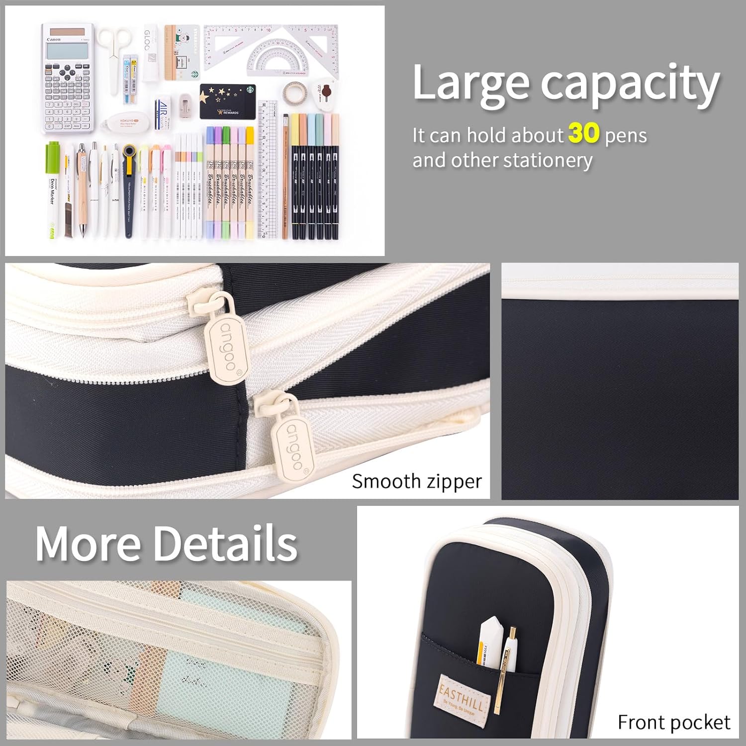 EASTHILL ESTUCHE PARA LÁPICES DE GRAN CAPACIDAD,BOLSA GRANDE PARA LÁPICES DE PAPELERÍA Y BOLÍGRAFOS PARA NIÑAS ADOLESCENTES-NEGRO - 6