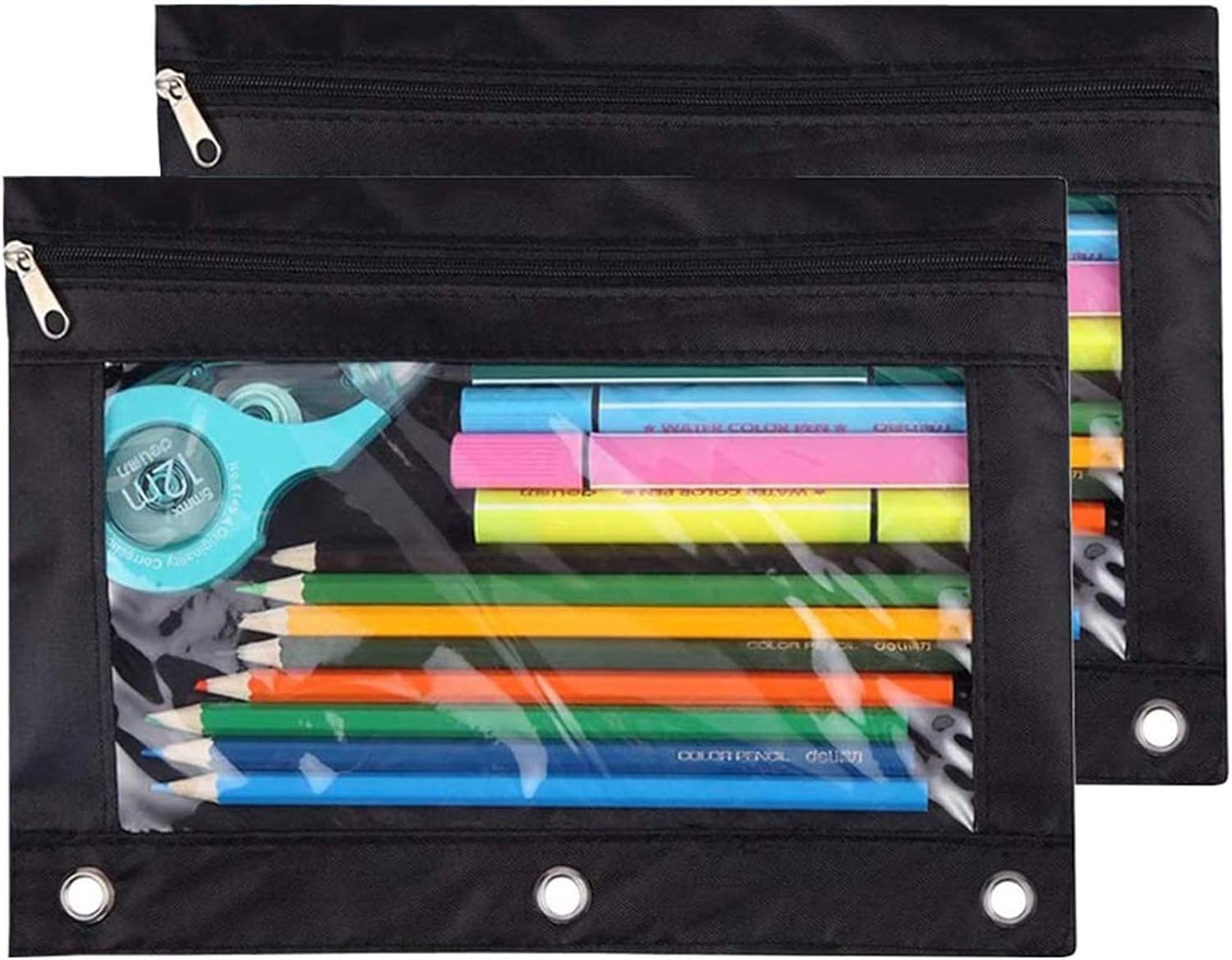 TOPWOOZU ESTUCHE PARA LÁPICES CON 3 ANILLAS, CON CREMALLERA, ESTUCHE PARA COSMÉTICOS, COLOR NEGRO, PAQUETE DE 2 - NEGRO - 1