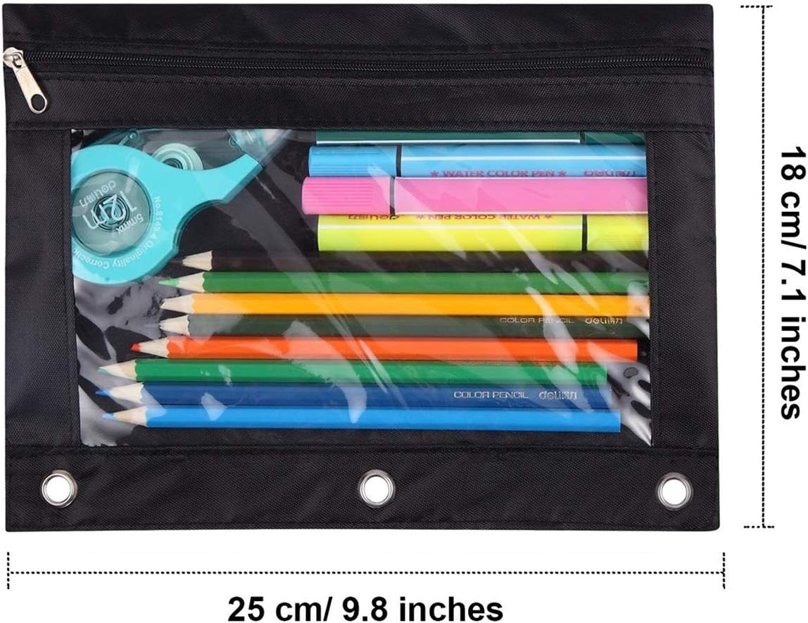 TOPWOOZU ESTUCHE PARA LÁPICES CON 3 ANILLAS, CON CREMALLERA, ESTUCHE PARA COSMÉTICOS, COLOR NEGRO, PAQUETE DE 2 - NEGRO - 3