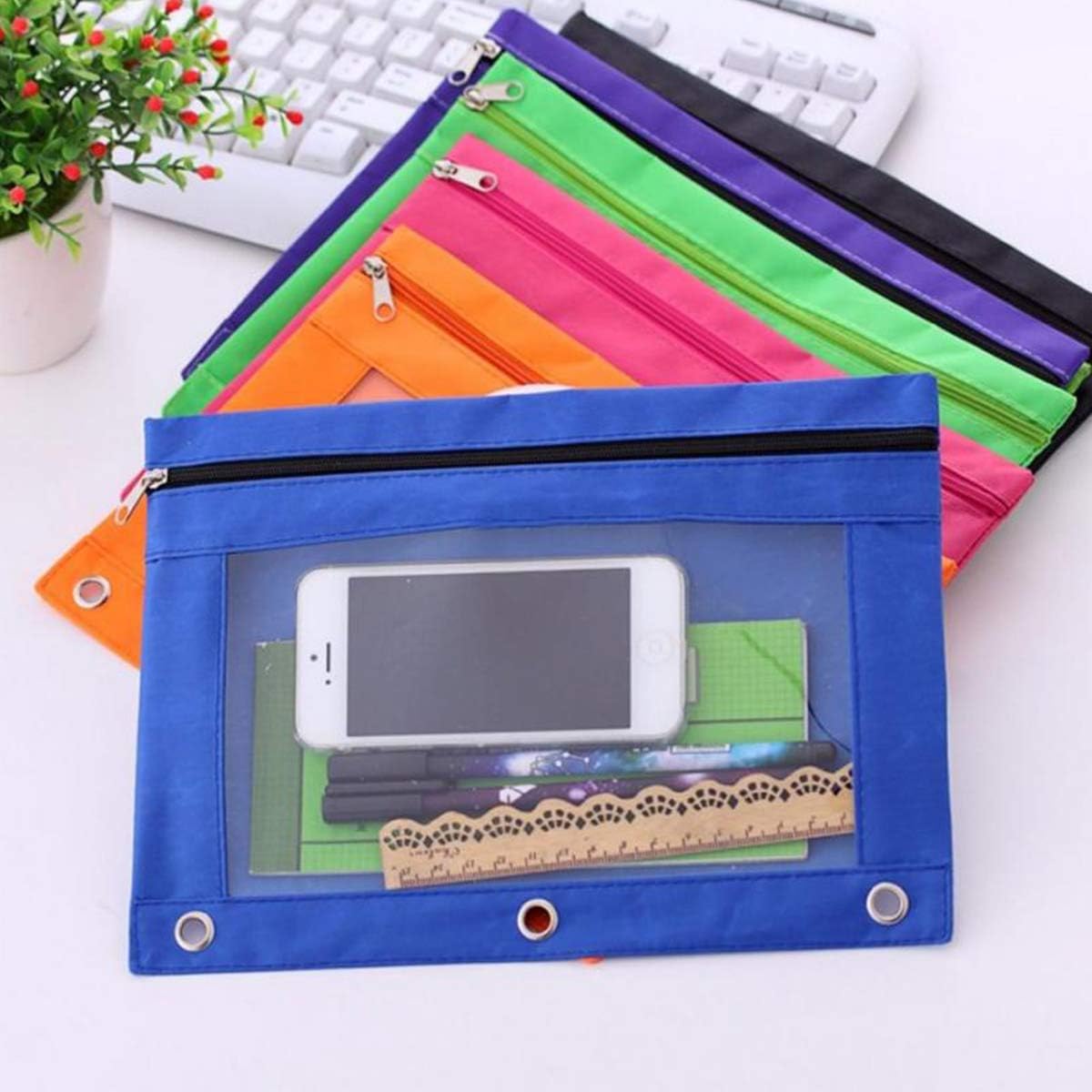 TOPWOOZU ESTUCHE PARA LÁPICES CON 3 ANILLAS, CON CREMALLERA, ESTUCHE PARA COSMÉTICOS, COLOR NEGRO, PAQUETE DE 2 - NEGRO - 4