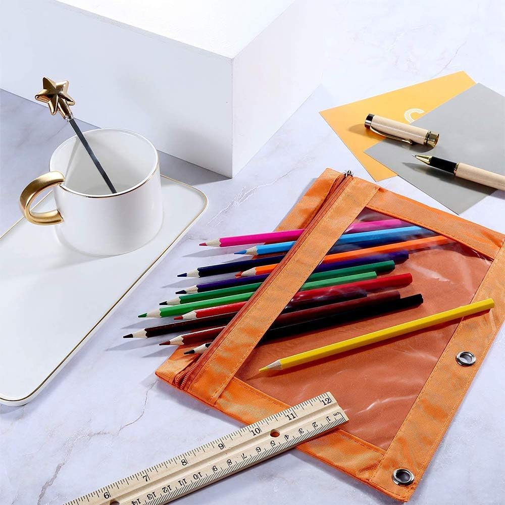 TOPWOOZU ESTUCHE PARA LÁPICES CON 3 ANILLAS, CON CREMALLERA, ESTUCHE PARA COSMÉTICOS, COLOR NEGRO, PAQUETE DE 2 - NEGRO - 6