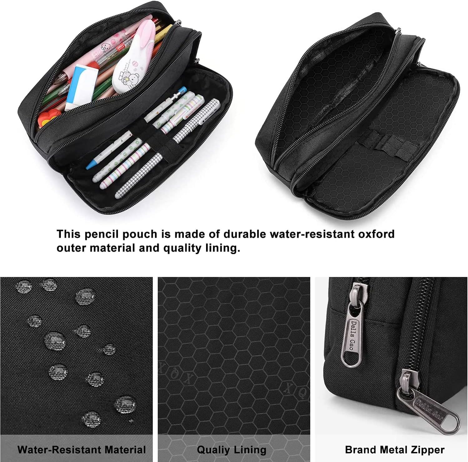 DELLA GAO - ESTUCHE PARA LÁPICES DE GRAN CAPACIDAD, ESTÉTICO, ORGANIZADOR MULTIFUNCIONAL, DURADERO, PARA ADULTOS - NEGRO - 3