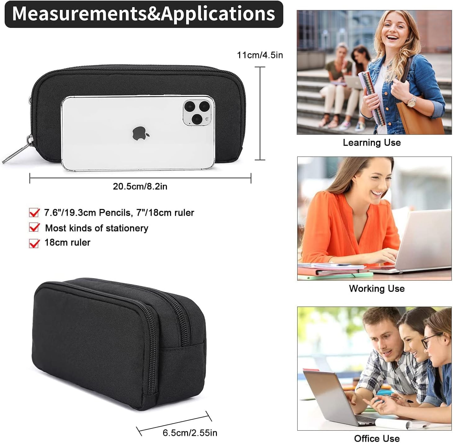 DELLA GAO - ESTUCHE PARA LÁPICES DE GRAN CAPACIDAD, ESTÉTICO, ORGANIZADOR MULTIFUNCIONAL, DURADERO, PARA ADULTOS - NEGRO - 5