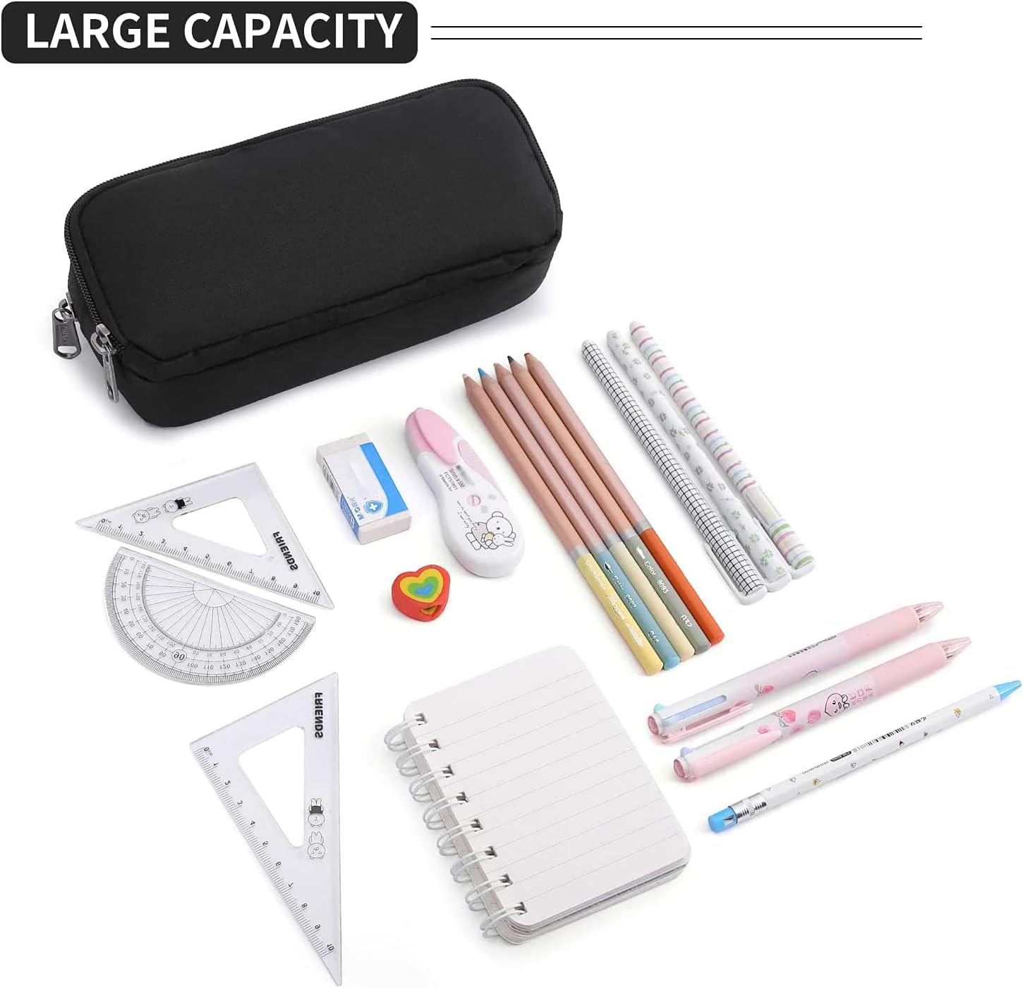 DELLA GAO - ESTUCHE PARA LÁPICES DE GRAN CAPACIDAD, ESTÉTICO, ORGANIZADOR MULTIFUNCIONAL, DURADERO, PARA ADULTOS - NEGRO - 6