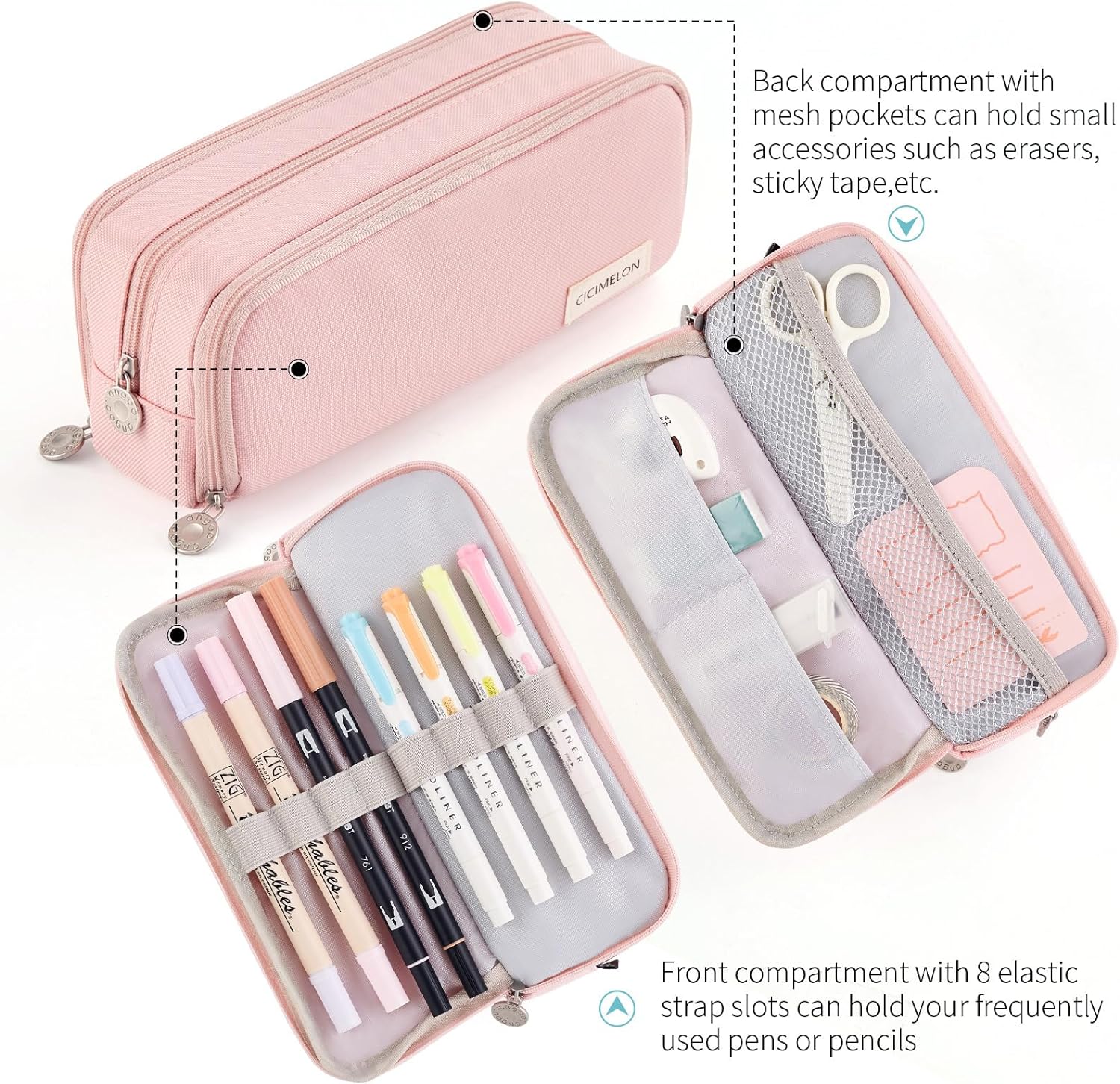 CICIMELON - ESTUCHE DE CAPACIDAD PARA LÁPICES CON 3 COMPARTIMENTOS PARA LA ESCUELA, ADOLESCENTE, NIÑA, HOMBRE Y MUJER - ROSADO - 3