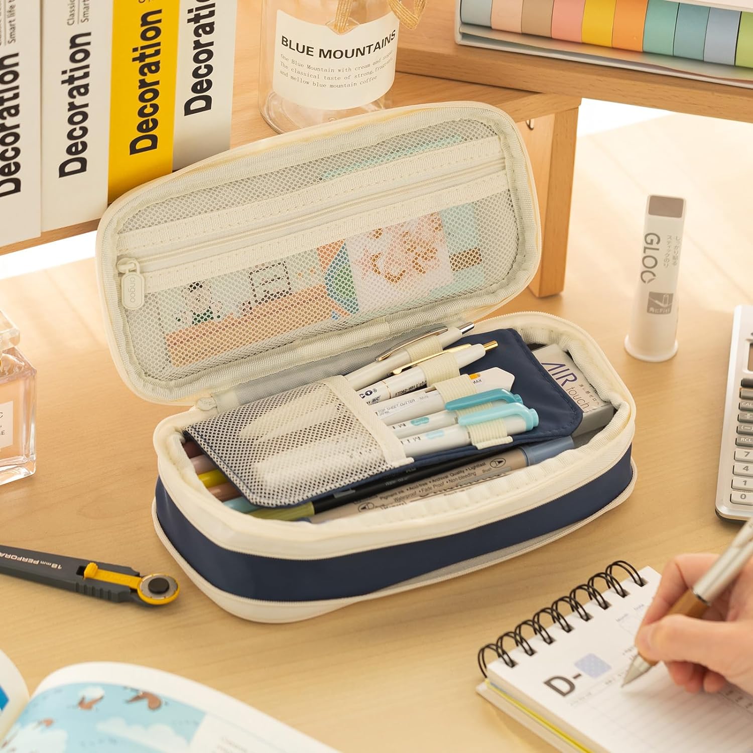 EASTHILL ESTUCHE PARA LÁPICES DE GRAN CAPACIDAD,BOLSA GRANDE PARA LÁPICES DE PAPELERÍA Y BOLÍGRAFOS PARA NIÑAS ADOLESCENTES-AZUL - 3