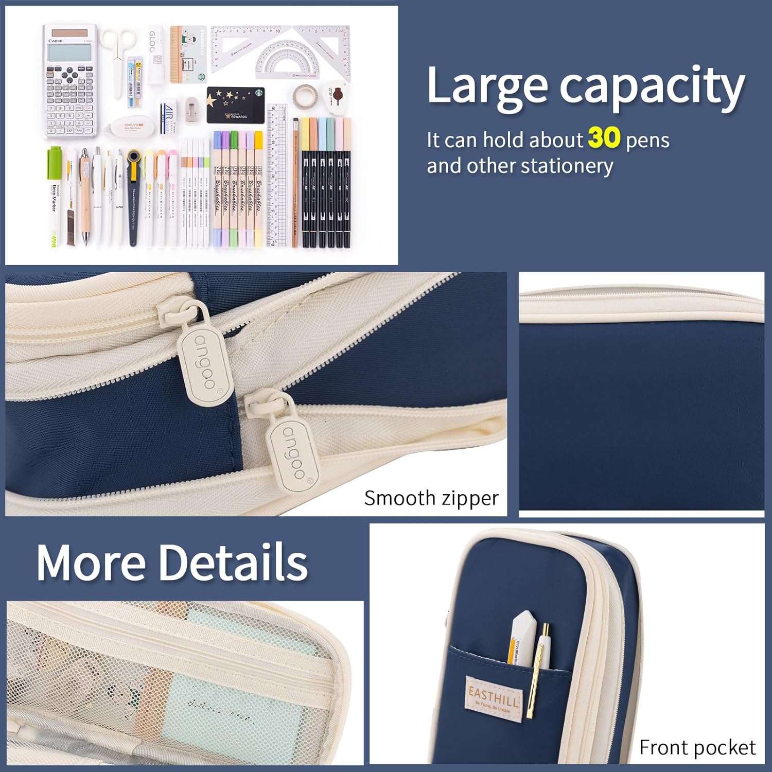 EASTHILL ESTUCHE PARA LÁPICES DE GRAN CAPACIDAD,BOLSA GRANDE PARA LÁPICES DE PAPELERÍA Y BOLÍGRAFOS PARA NIÑAS ADOLESCENTES-AZUL - 6