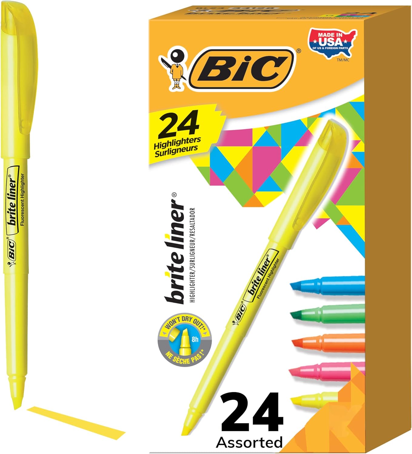 ROTULADORES, PUNTA DE CINCEL, COLORES SURTIDOS, BIC BRITE LINER 24 UNIDADES, VARIADOS - 1