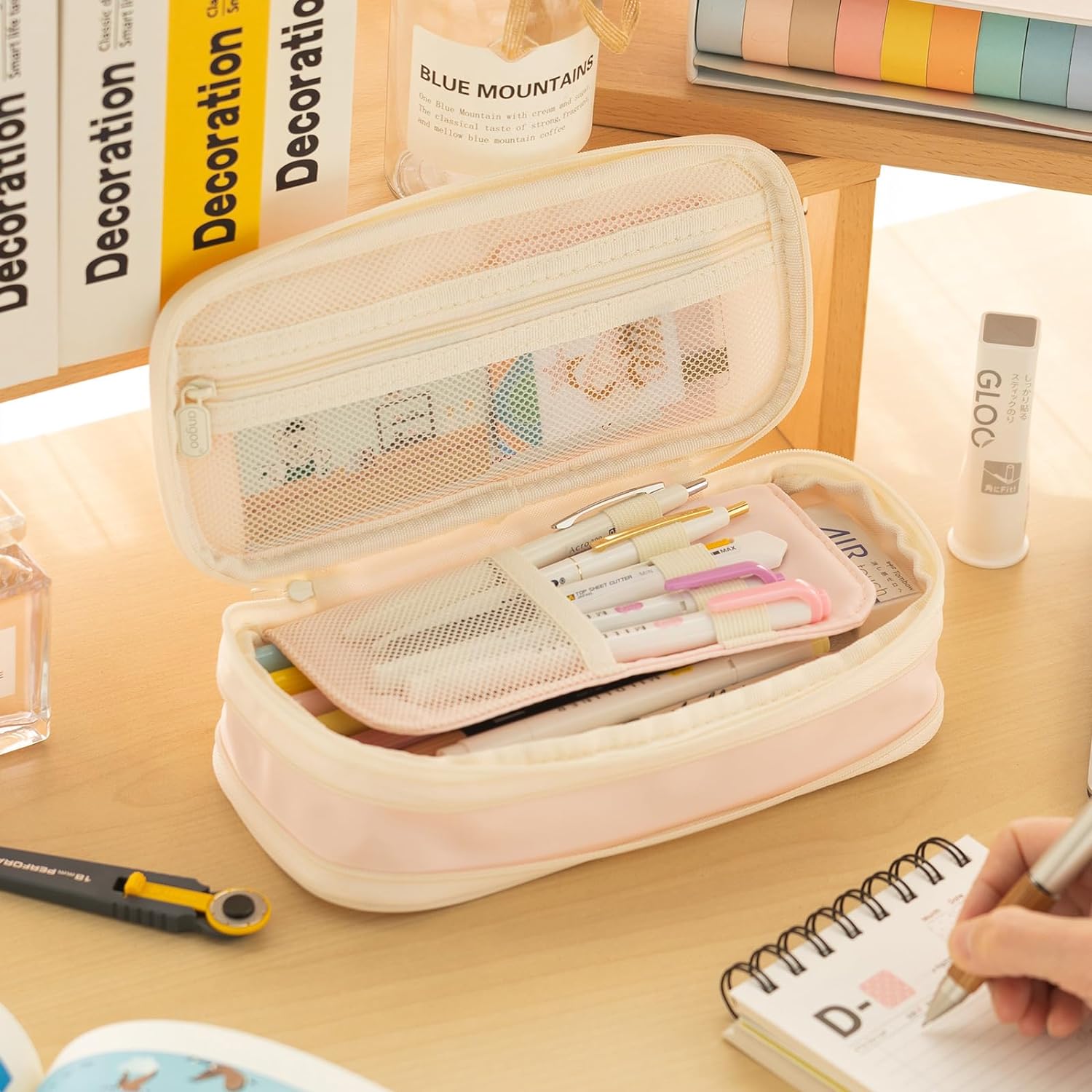 EASTHILL ESTUCHE PARA LÁPICES DE GRAN CAPACIDAD,BOLSA GRANDE PARA LÁPICES DE PAPELERÍA Y BOLÍGRAFOS PARA NIÑAS ADOLESCENTES-BEIGE - 3