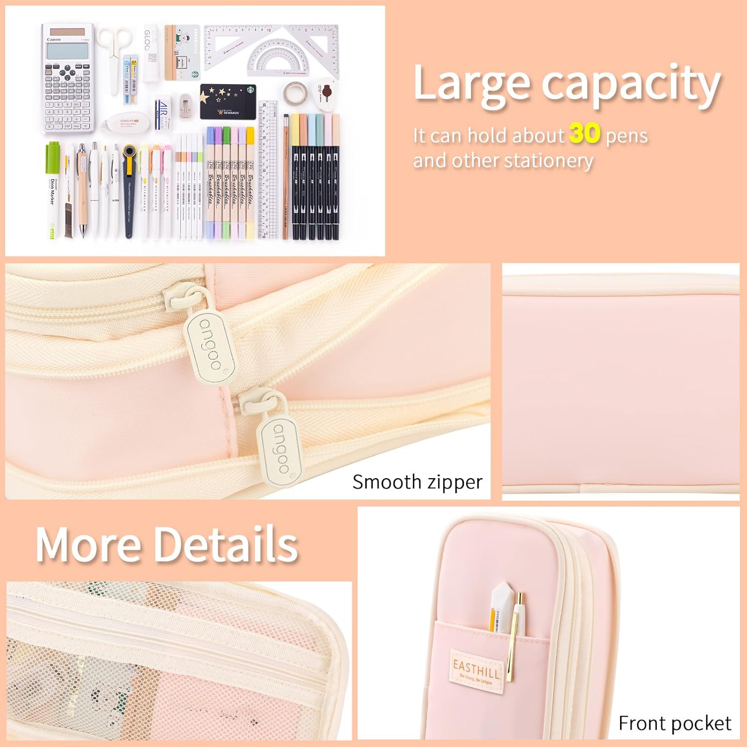 EASTHILL ESTUCHE PARA LÁPICES DE GRAN CAPACIDAD,BOLSA GRANDE PARA LÁPICES DE PAPELERÍA Y BOLÍGRAFOS PARA NIÑAS ADOLESCENTES-BEIGE - 6