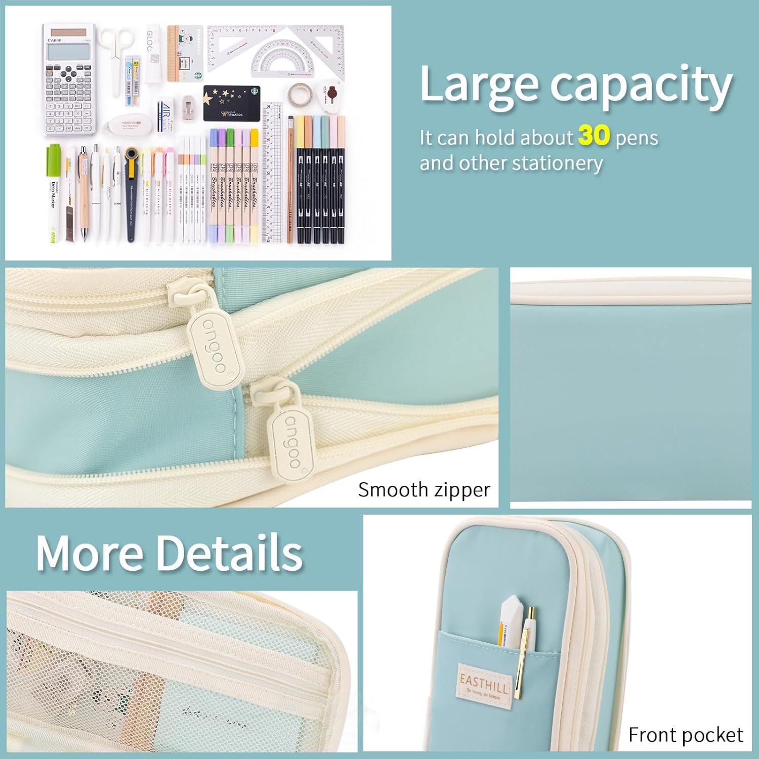 EASTHILL ESTUCHE PARA LÁPICES GRAN CAPACIDAD,BOLSA GRANDE PARA LÁPICES DE PAPELERÍA Y BOLÍGRAFOS PARA NIÑAS ADOLESCENTES-CELESTE - 5