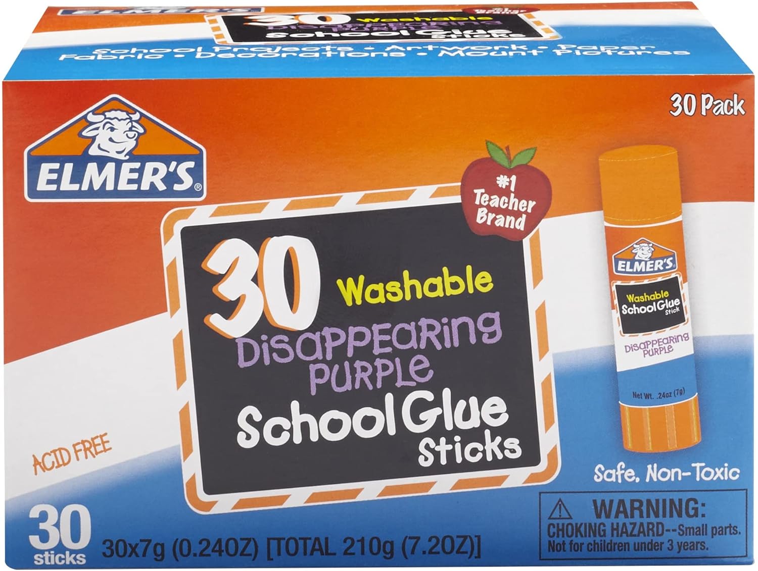 ELMER'S DISAPPEARING PURPLE - BARRAS DE PEGAMENTO PARA LA ESCUELA, LAVABLES, 0.25 OZ, 30 UNIDADES - 1