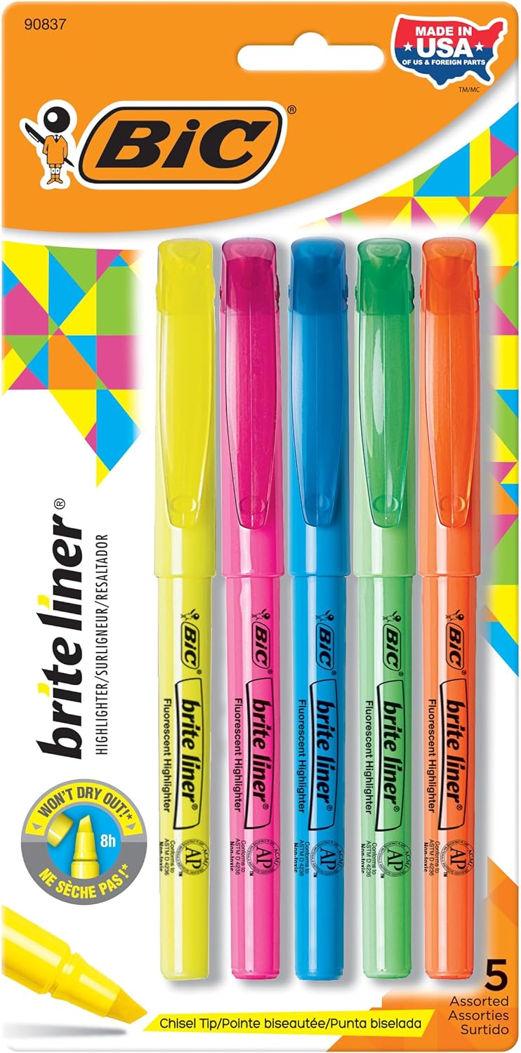 BIC BRITE LINER - RESALTADORES, PUNTA DE CINCEL, PAQUETE DE 5 RESALTADORES DE COLORES SURTIDOS, IDEAL PARA ORGANIZAR Y COLOREAR - 2