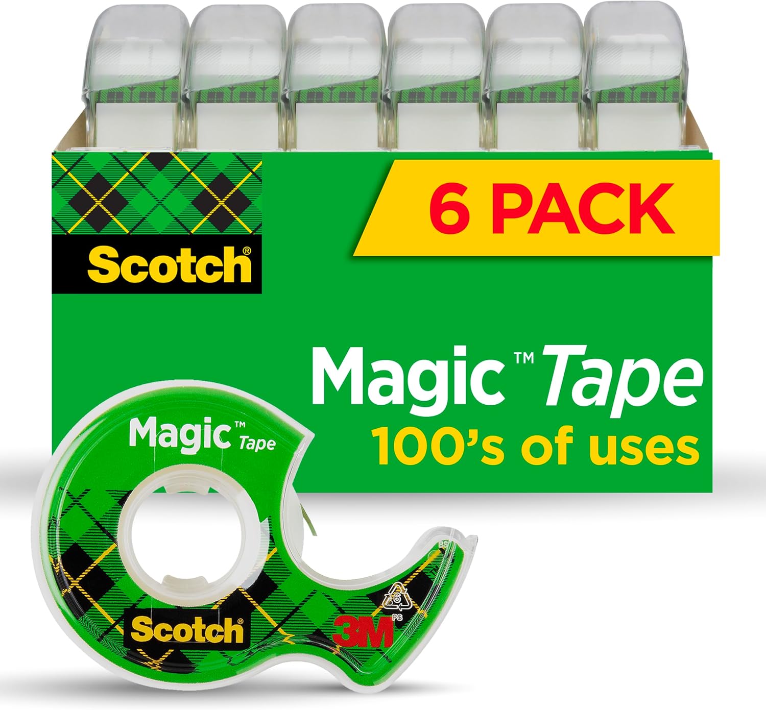 SCOTCH CINTA MÁGICA, CINTA TRANSPARENTE INVISIBLE, 6 ROLLOS DE CINTA CON DISPENSADORES, 3/4 PULGADAS X 650 PULGADAS - 1