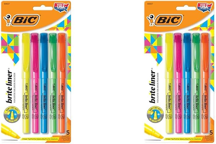 BIC BRITE LINER - RESALTADORES, PUNTA DE CINCEL, PAQUETE DE 5 RESALTADORES DE COLORES SURTIDOS, PAQUETE DE 2 - 1