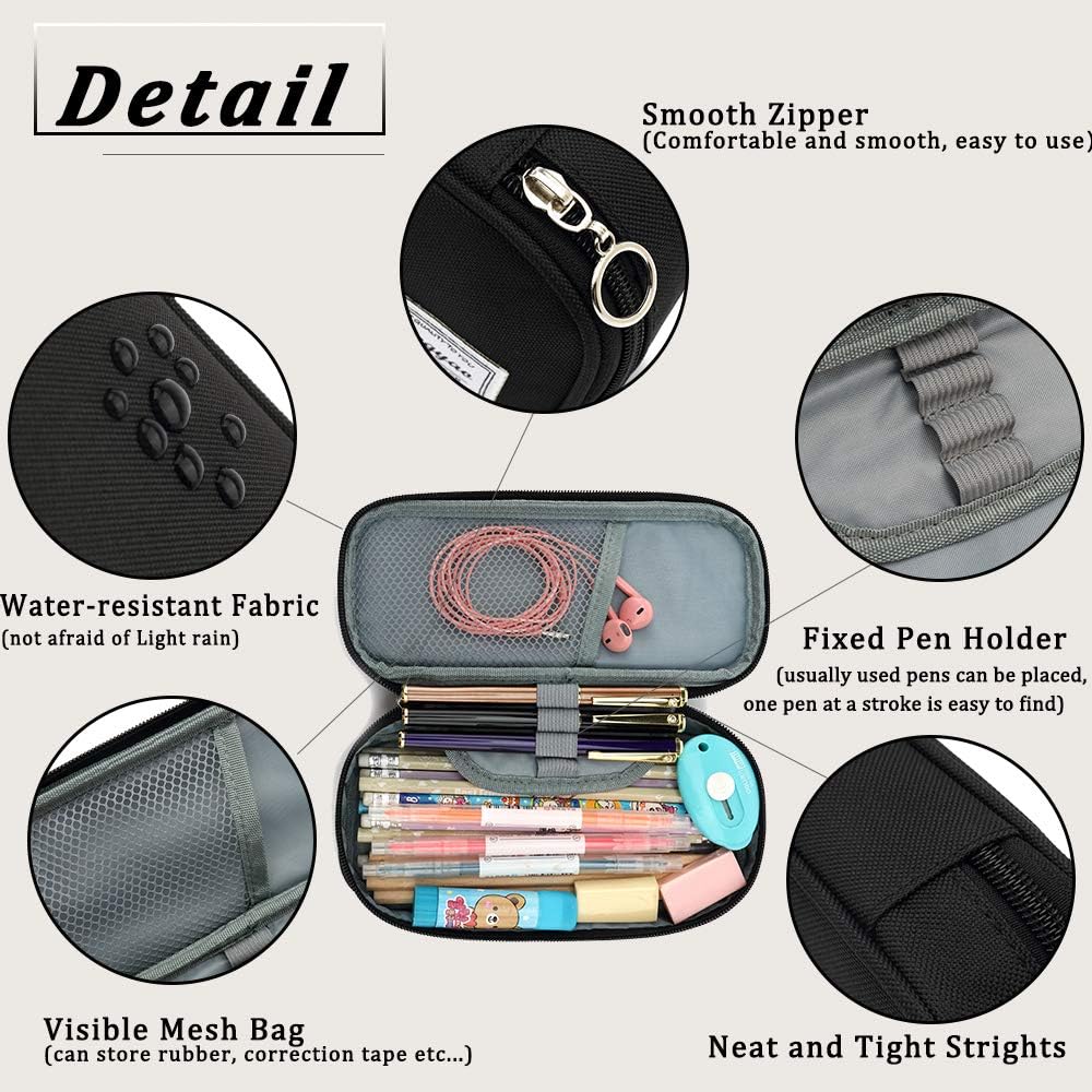 ESTUCHE PARA LÁPICES CON VARIAS RANURAS, CARTUCHERA PARA NIÑOS Y ADULTOS, PARA OFICINA Y ESCUELA - NEGRO - 3