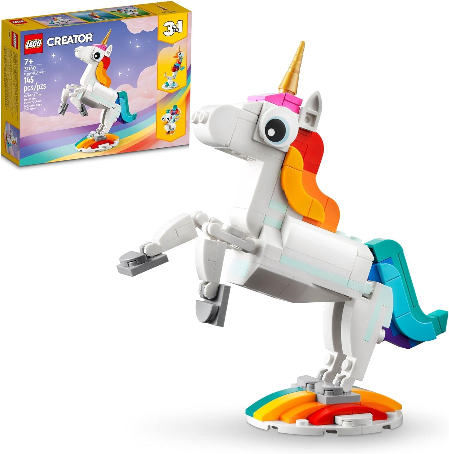 LEGO CREATOR 3 EN 1 JUGUETE MÁGICO DE UNICORNIO PARA CABALLITO DE MAR A PAVO REAL 31140, FIGURAS DE ANIMALES ARCOÍRIS - 1