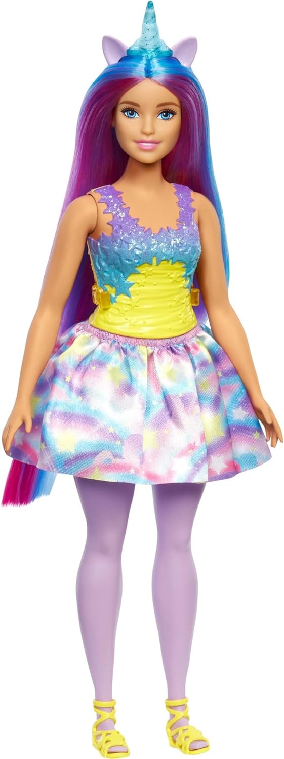BARBIE DREAMTOPIA MUÑECA CON DIADEMA Y COLA DE UNICORNIO EXTRAÍBLES, PELO DE FANTASÍA Y FALDA ARCOÍRIS, JUGUETE DE UNICORNIO - 1