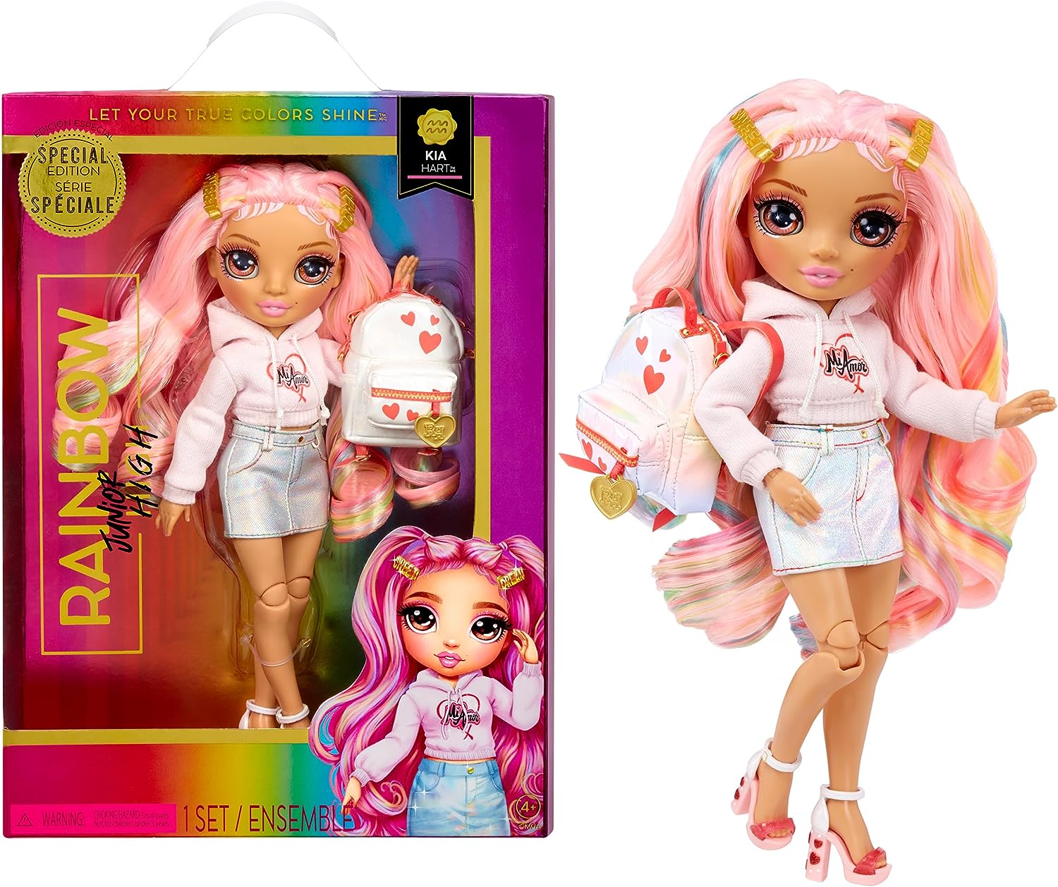 RAINBOW HIGH RAINBOW JUNIOR HIGH EDICIÓN ESPECIAL KIA HART - MUÑECA ROSA POSABLE DE 9' CON ACCESORIOS Y MOCHILA SUAVE DE APERTURA - 1
