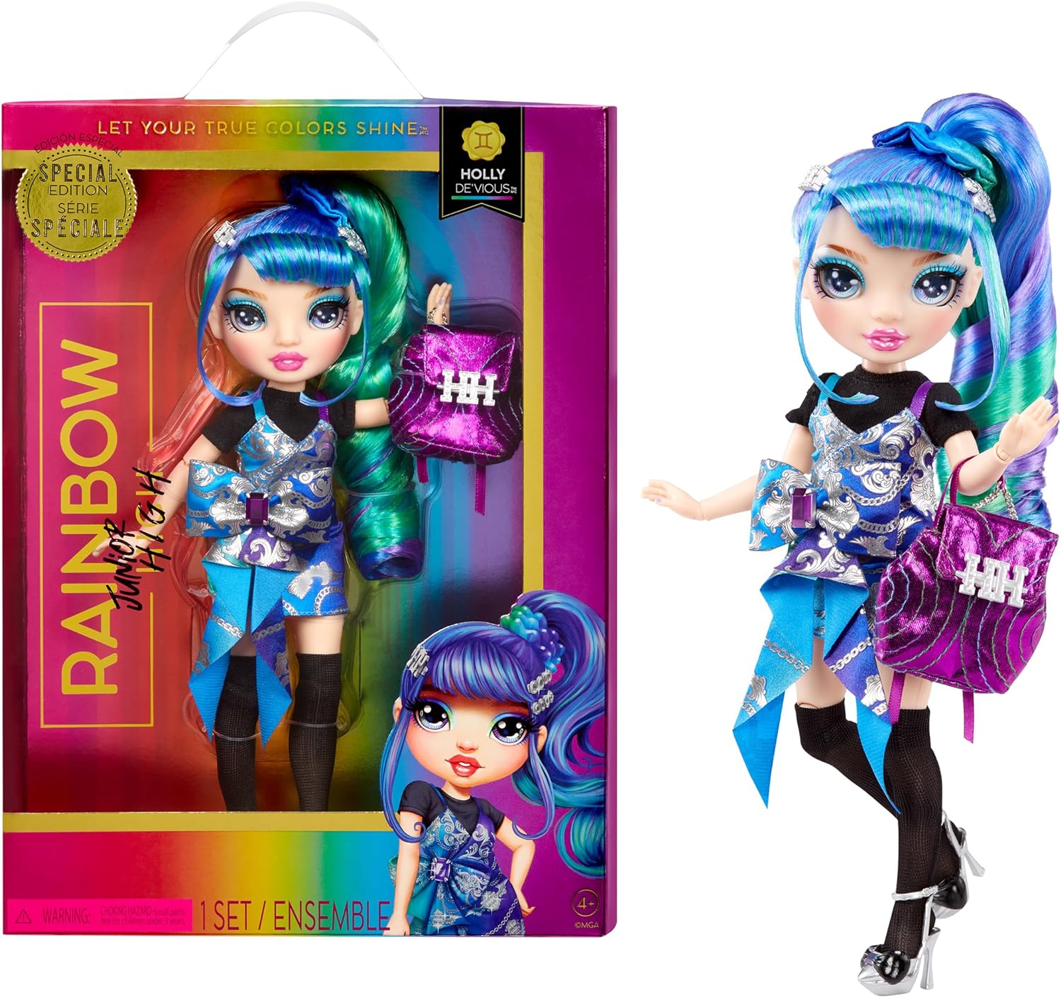 RAINBOW HIGH JUNIOR HIGH EDICIÓN ESPECIAL HOLLY DE'VIOUS-MUÑECA AZUL Y VERDE DE 9' CON ACCESORIOS Y MOCHILA SUAVE DE APERTURA - 1
