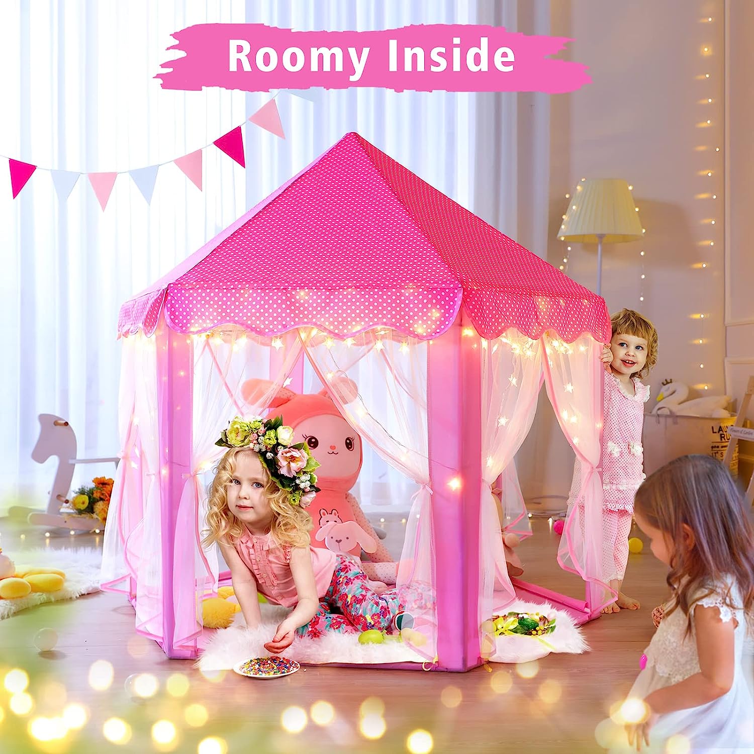 MONOBEACH TIENDA DE CAMPAÑA DE PRINCESA PARA NIÑAS, CASA DE JUEGOS GRANDE, CASTILLO, CON LUCES DE ESTRELLA, PARA INT. Y EXT. - 2