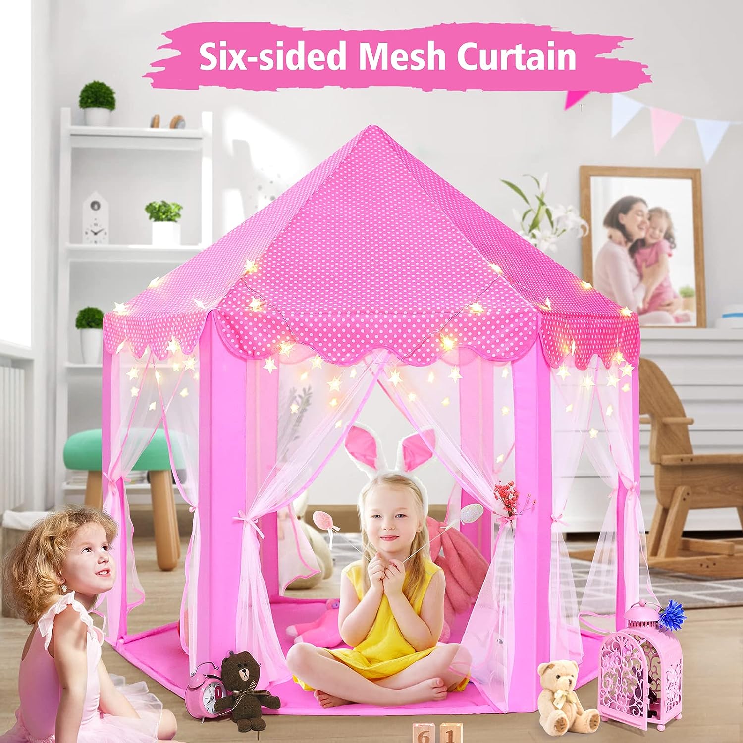 MONOBEACH TIENDA DE CAMPAÑA DE PRINCESA PARA NIÑAS, CASA DE JUEGOS GRANDE, CASTILLO, CON LUCES DE ESTRELLA, PARA INT. Y EXT. - 3