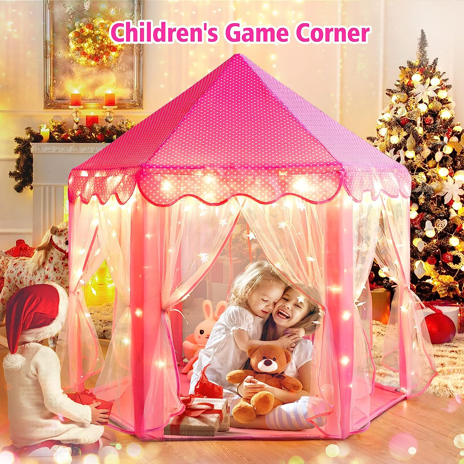 MONOBEACH TIENDA DE CAMPAÑA DE PRINCESA PARA NIÑAS, CASA DE JUEGOS GRANDE, CASTILLO, CON LUCES DE ESTRELLA, PARA INT. Y EXT. - 4