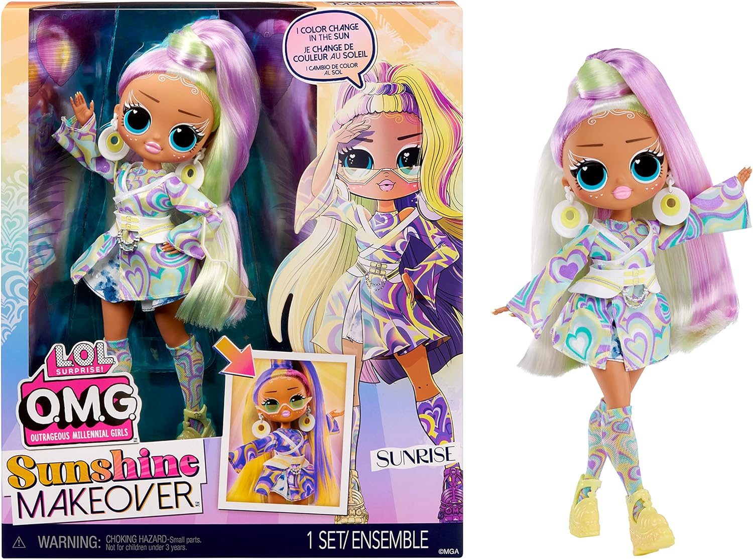 LOL SURPRISE OMG SUNSHINE COLOR CHANGE SUNRISE FASHION DOLL CON CABELLO QUE CAMBIA DE COLOR Y MODAS Y MÚLTIPLES SORPRESAS - 1