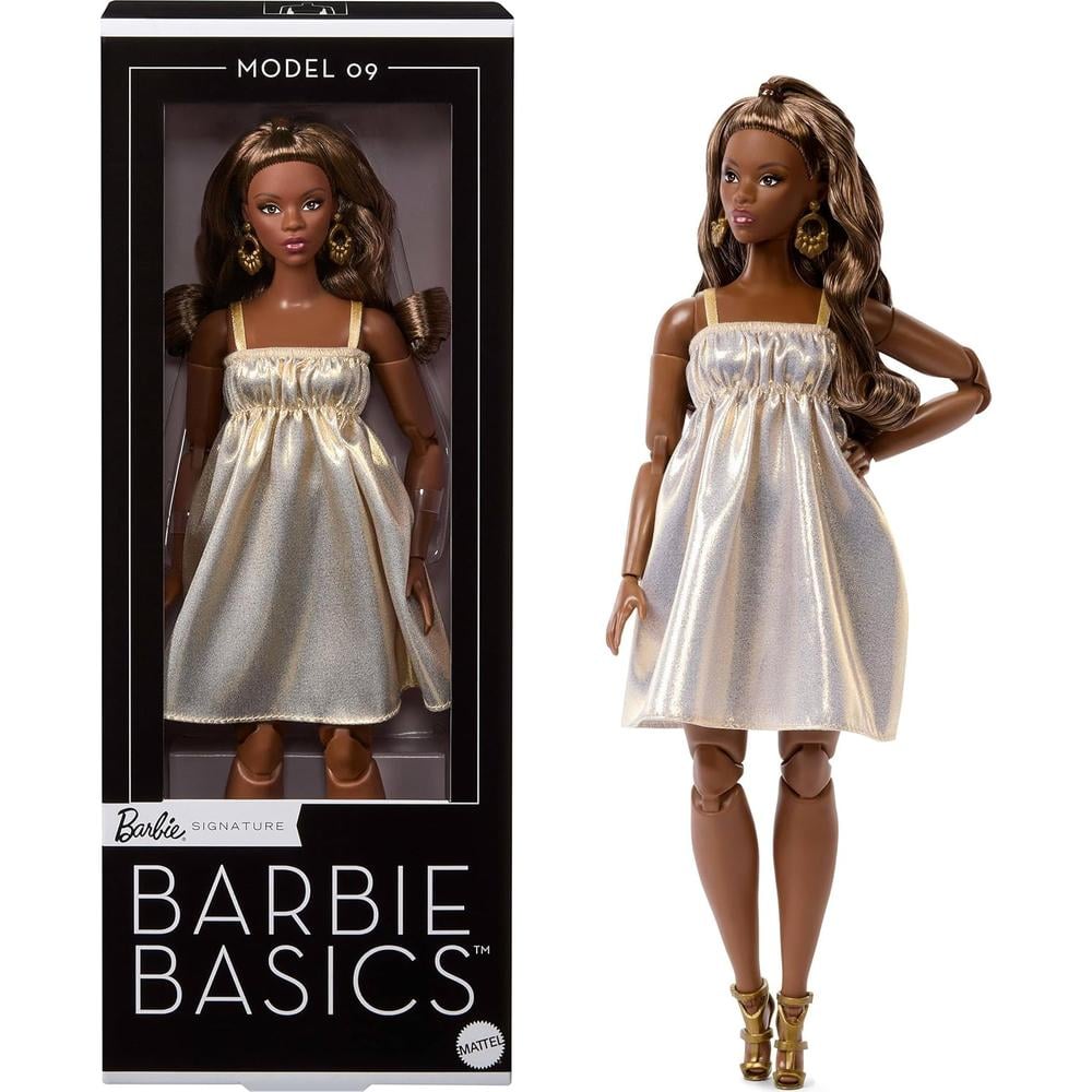 BARBIE BASICS MODELO MUÑECA CABELLO CASTAÑO VESTIDO DORADO - 1