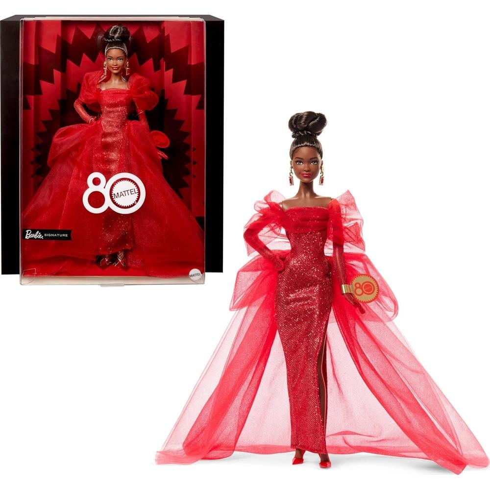 BARBIE SIGNATURE 80 ANIVERSARIO MUÑECA MORENA VESTIDO ROJO - 1