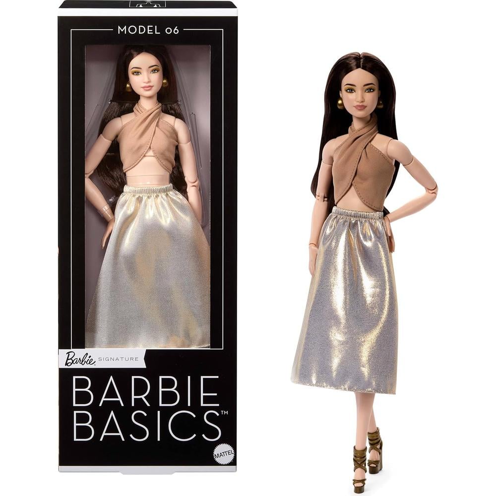 BARBIE BASICS MODELO MUÑECA CABELLO CASTAÑO OUTFIT DORADO - 1