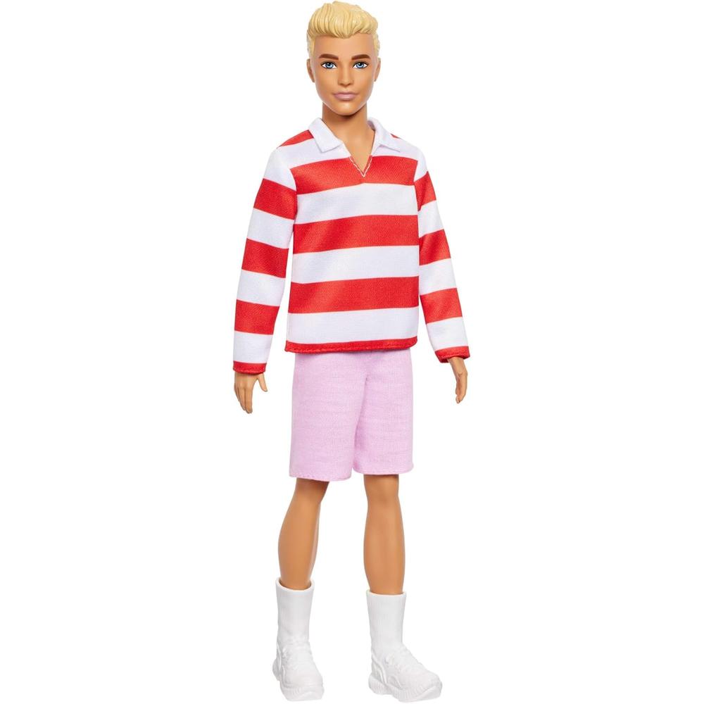 KEN BARBIE FASHIONISTAS MUÑECO RUBIO CAMISETA RAYAS ROJO - 1