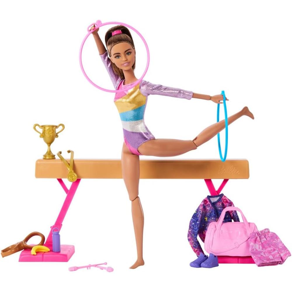 BARBIE MUÑECA GIMNASTA MORENA CON BARRA DE EQUILIBRIO - 1