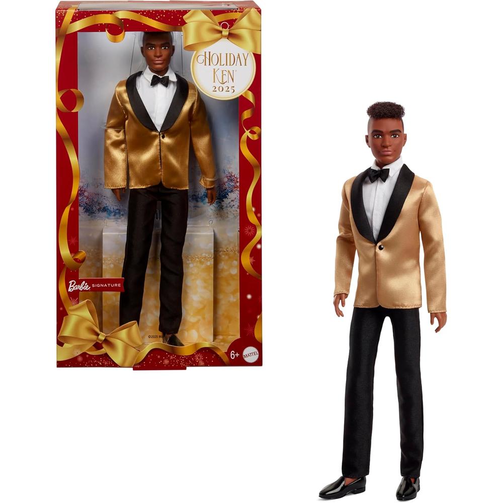 KEN BARBIE SIGNATURE HOLIDAY 2025 CASTAÑO TRAJE DORADO - 1