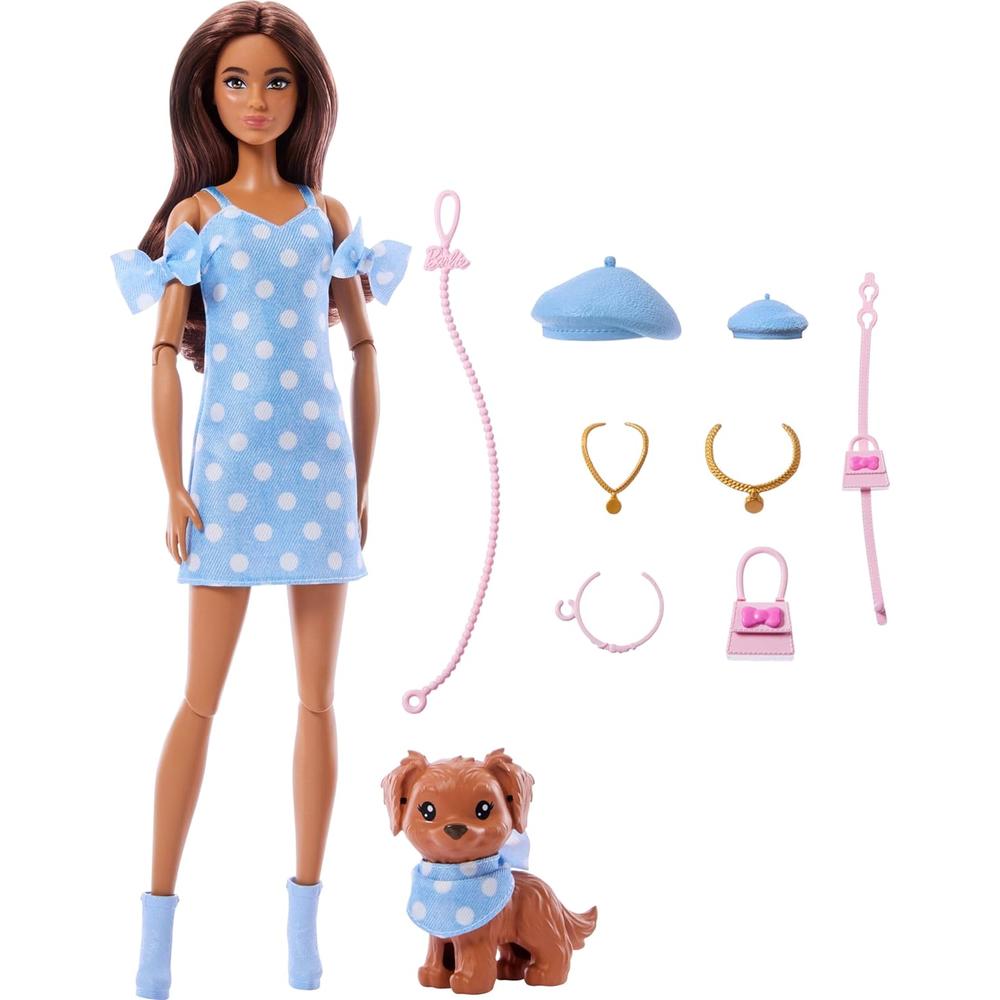 BARBIE MUÑECA GEMELA CON PERRO LUNARES AZULES - 1