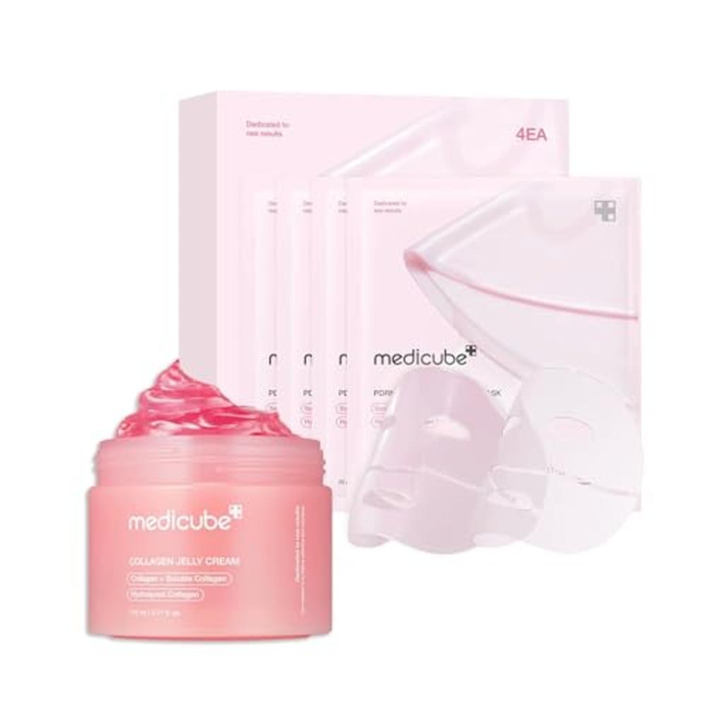 SET MEDICUBE PINK GLASS GLOW COLLAGEN GEL CREAM + PDRN MASK 5 PZS - 1