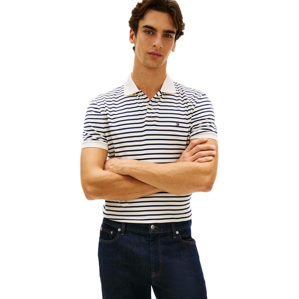 POLO PARA HOMBRE TOMMY HILFIGER REGULAR FIT MANGA CORTA MARFIL PETALO Y AZUL CARBON - 1