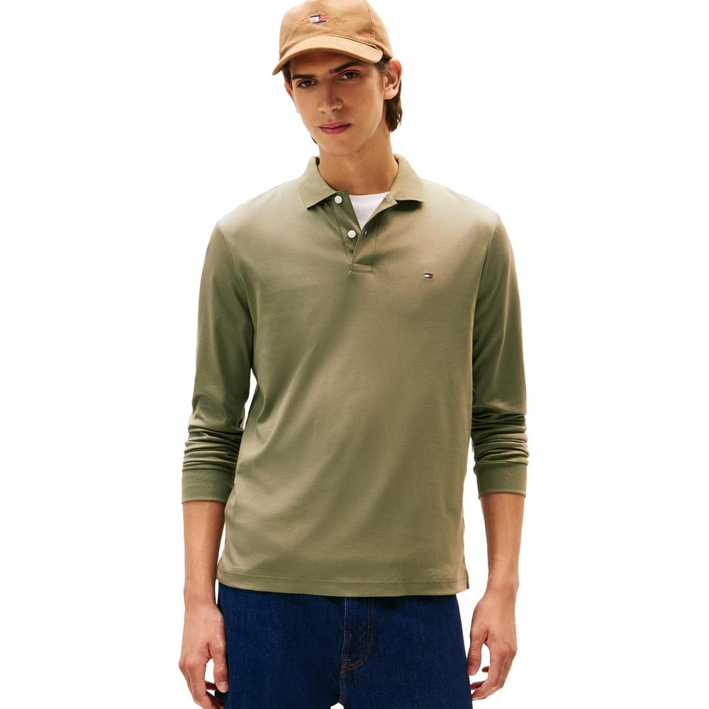 POLO PARA HOMBRE TOMMY HILFIGER LIQUID COTTON REGULAR FIT MANGA LARGA VERDE OLIVA - 1