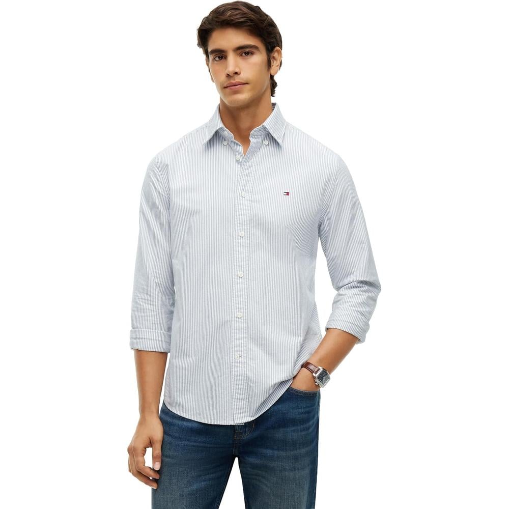 CAMISA PARA HOMBRE TOMMY HILFIGER OXFORD REGULAR FIT MANGA LARGA VERDE CAZADOR RAYAS - 1