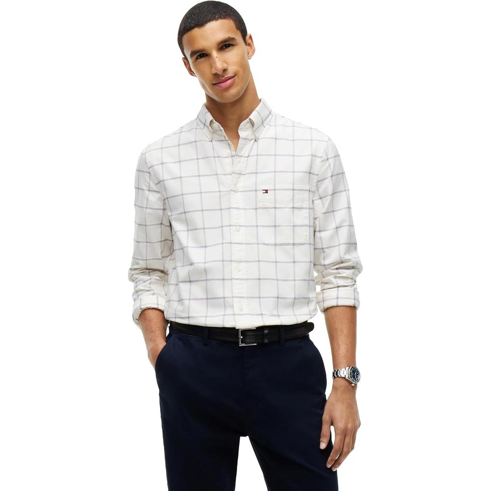 CAMISA PARA HOMBRE TOMMY HILFIGER OXFORD REGULAR FIT MANGA LARGA MARFIL SEDA CUADROS - 1