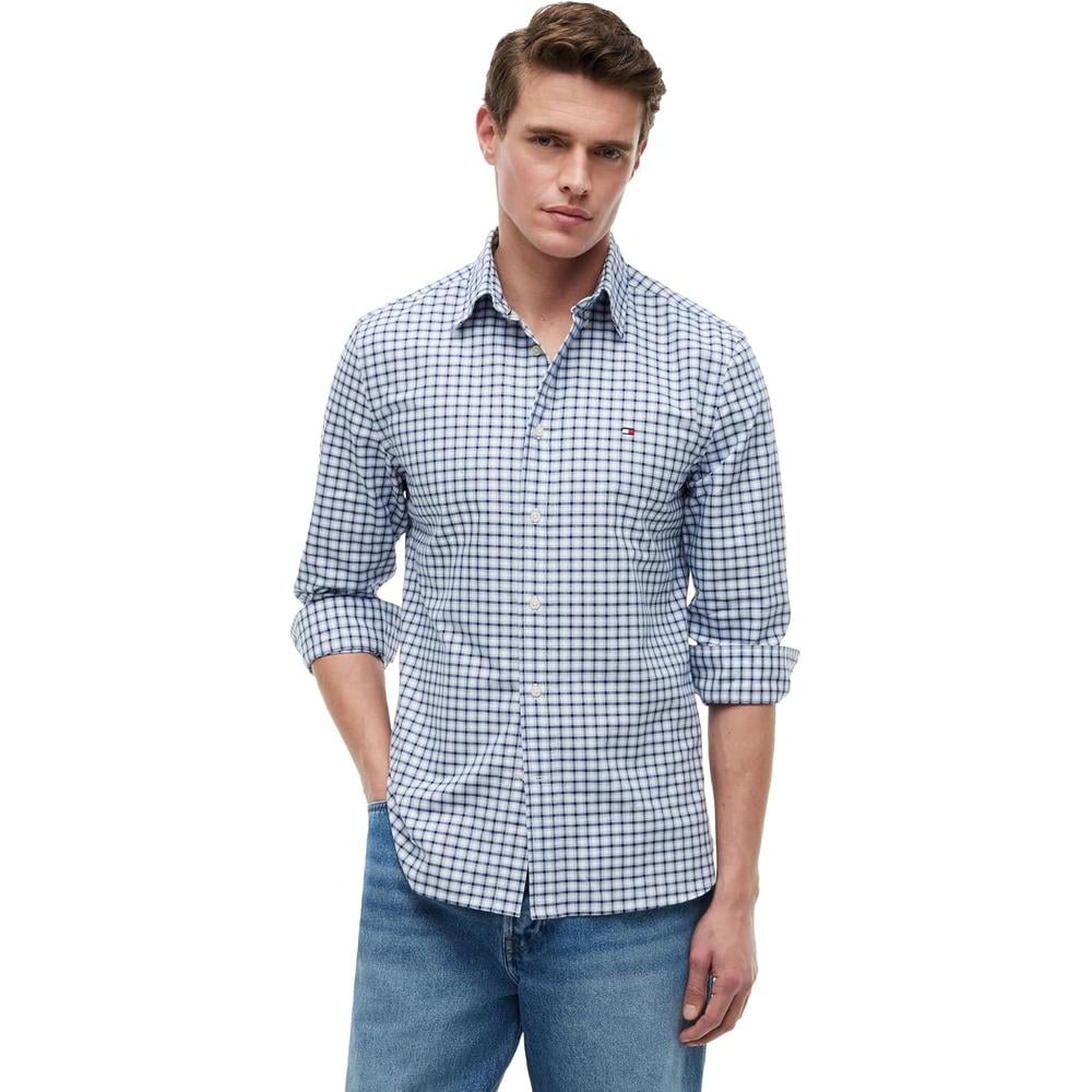 CAMISA PARA HOMBRE TOMMY HILFIGER OXFORD REGULAR FIT MANGA LARGA AZUL ENCANTO CUADROS BLANCO - 1