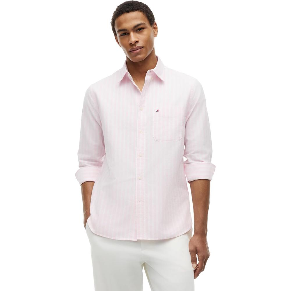 CAMISA PARA HOMBRE TOMMY HILFIGER OXFORD REGULAR FIT MANGA LARGA ROSA PETALO RAYAS - 1