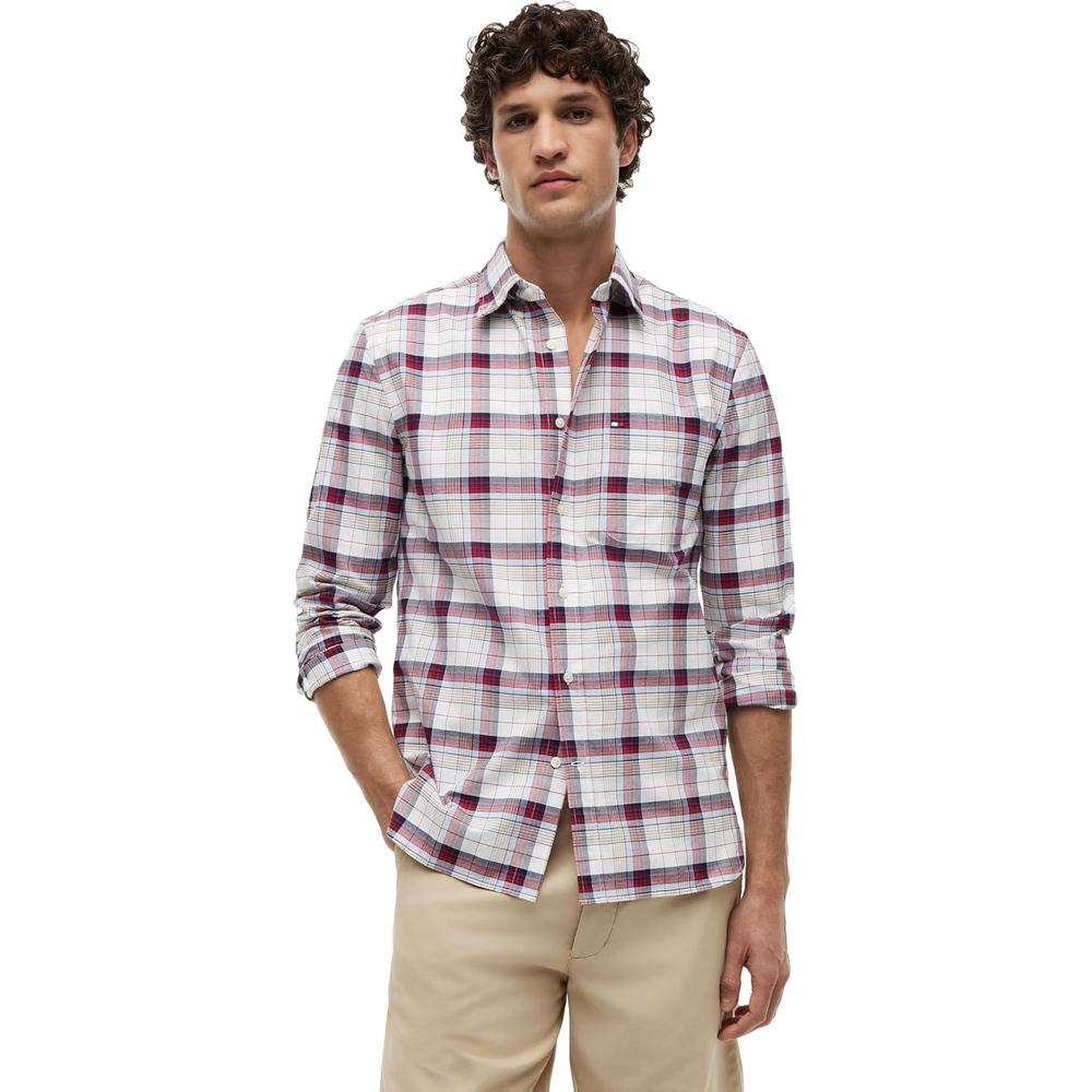 CAMISA PARA HOMBRE TOMMY HILFIGER OXFORD REGULAR FIT MANGA LARGA BLANCO CUADROS MULTICOLOR ROJO - 1