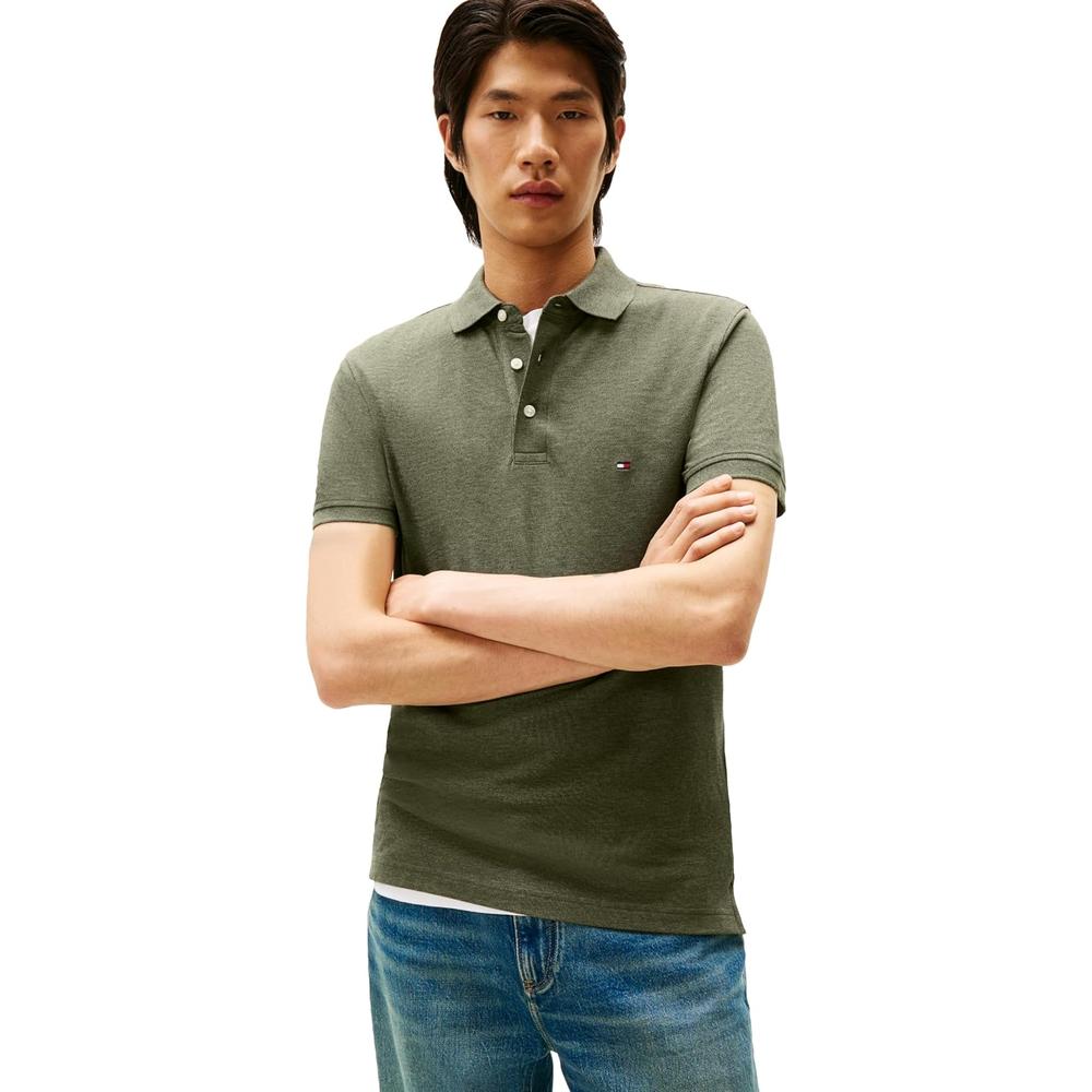 POLO PARA HOMBRE TOMMY HILFIGER 1985 SLIM FIT MANGA CORTA VERDE OLIVA JASPEADO - 1