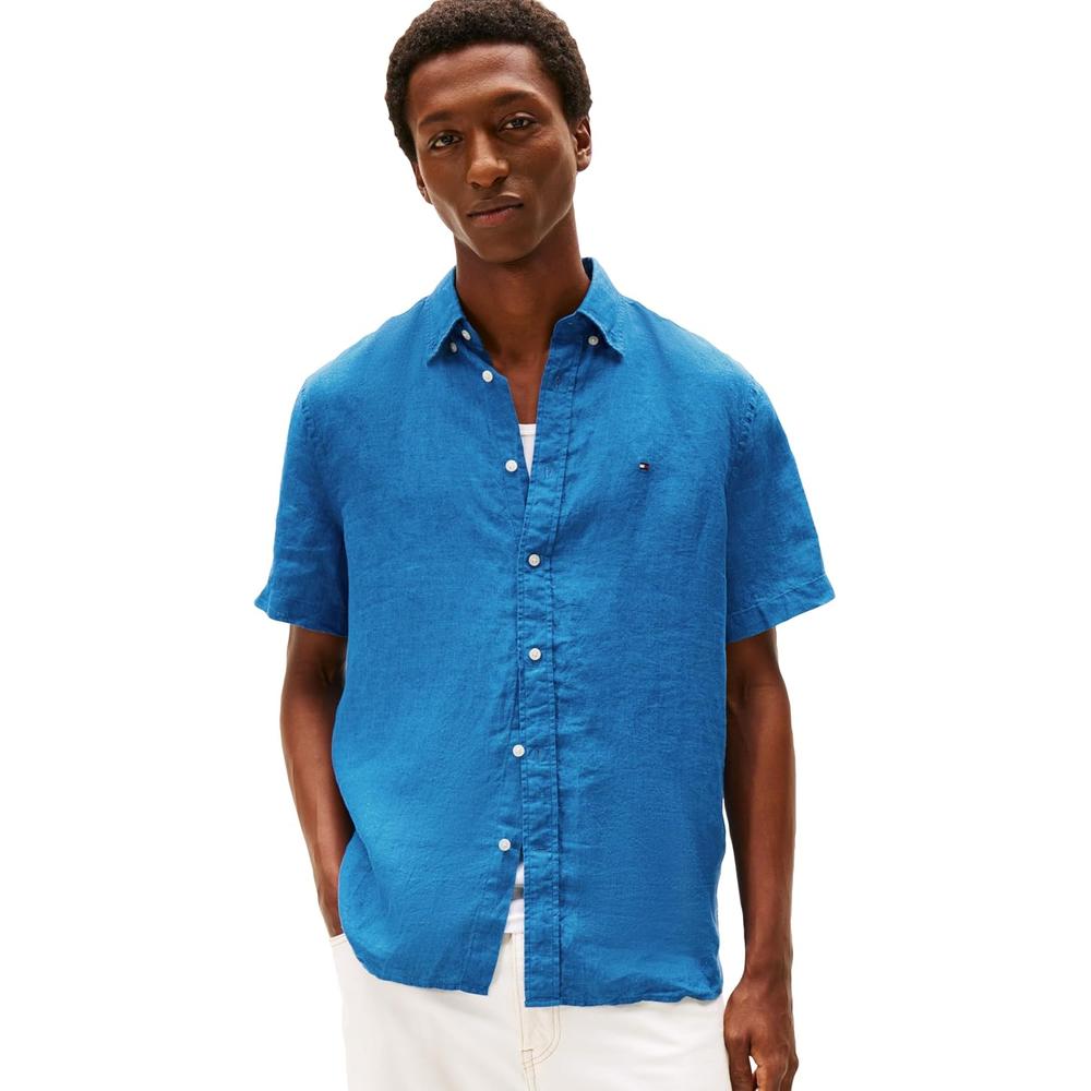CAMISA PARA HOMBRE TOMMY HILFIGER MANGA CORTA LINO REGULAR FIT AZUL ÓRBITA - 1
