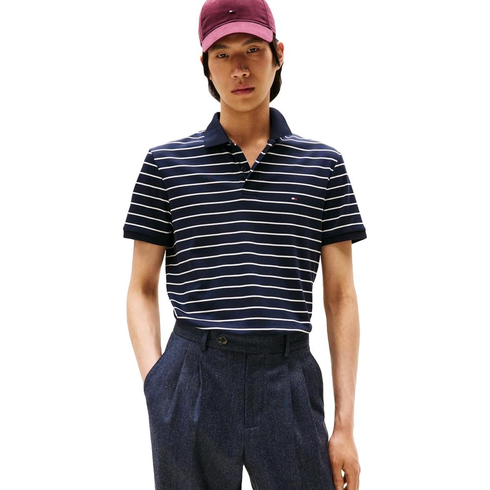 POLO PARA HOMBRE TOMMY HILFIGER REGULAR FIT MANGA CORTA AZUL DESIERTO Y MARFIL PETALO - 1
